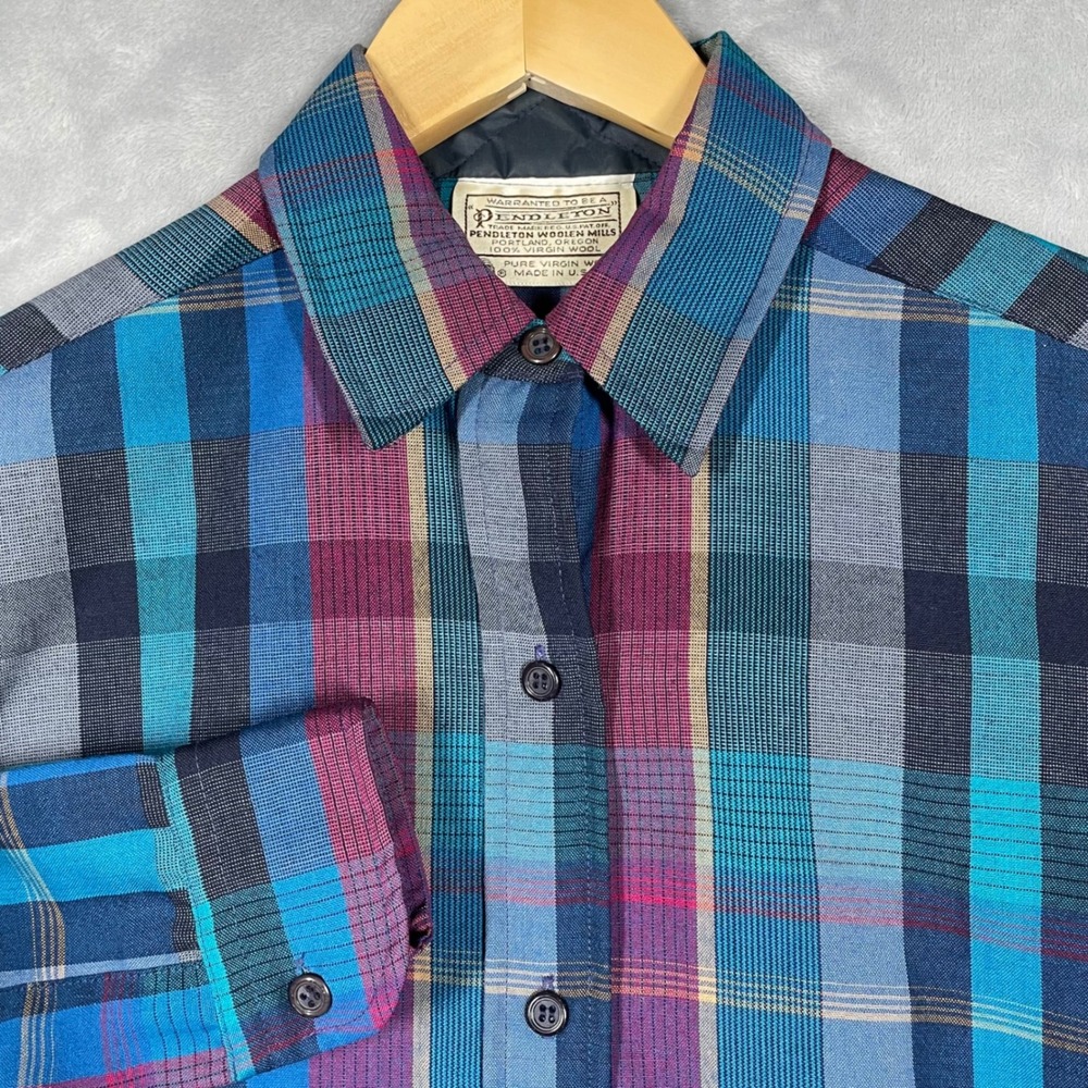 Pendleton Vintage 100% Virgin Wool Plaid Button Down Shirt Blue Purple USA Made